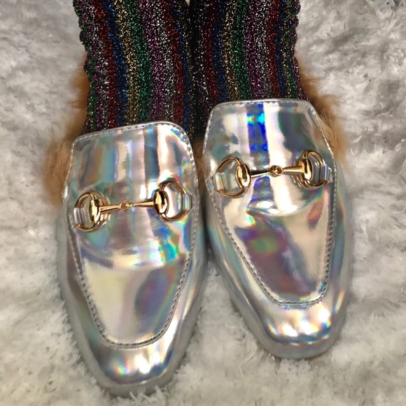 🎈Holographic Hologram Fur Loafer Flat Mule Slides - Picture 2 of 5